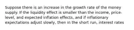 Suppose there is an increase in the growth rate of the money supply. If the liquidity effect is smaller than the​ income, price-level, and expected inflation​ effects, and if inflationary expectations adjust​ slowly, then in the short​ run, interest rates