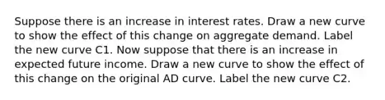 Suppose there is an increase in interest rates. Draw a new curve to show the effect of this change on aggregate demand. Label the new curve C1. Now suppose that there is an increase in expected future income. Draw a new curve to show the effect of this change on the original AD curve. Label the new curve C2.