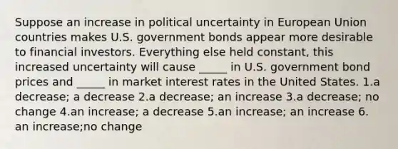 Suppose an increase in political uncertainty in European Union countries makes U.S. government bonds appear more desirable to financial investors. Everything else held constant, this increased uncertainty will cause _____ in U.S. government bond prices and _____ in market interest rates in the United States. 1.a decrease; a decrease 2.a decrease; an increase 3.a decrease; no change 4.an increase; a decrease 5.an increase; an increase 6. an increase;no change