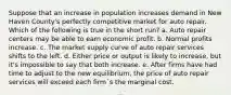 Suppose that an increase in population increases demand in New Haven County's perfectly competitive market for auto repair. Which of the following is true in the short run? a. Auto repair centers may be able to earn economic profit. b. Normal profits increase. c. The market supply curve of auto repair services shifts to the left. d. Either price or output is likely to increase, but it's impossible to say that both increase. e. After firms have had time to adjust to the new equilibrium, the price of auto repair services will exceed each firm`s the marginal cost.