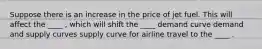 Suppose there is an increase in the price of jet fuel. This will affect the ____ ​, which will shift the ____ demand curve demand and supply curves supply curve for airline travel to the ____ .