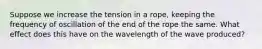 Suppose we increase the tension in a rope, keeping the frequency of oscillation of the end of the rope the same. What effect does this have on the wavelength of the wave produced?