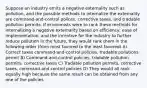 Suppose an industry emits a negative externality such as pollution, and the possible methods to internalize the externality are command-and-control polices, corrective taxes, and tradable pollution permits. If economists were to rank these methods for internalizing a negative externality based on efficiency, ease of implementation, and the incentive for the industry to further reduce pollution in the future, they would rank them in the following order (from most favored to the least favored) A) Correct taxes command-and-control policies, tradable pollutions permit B) Command-and-control policies, tradable pollution permits, corrective taxes C) Tradable pollution permits, corrective taxes, command-and control policies D) They would all rank equally high because the same result can be obtained from any one of the policies