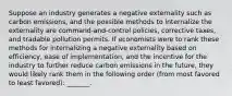 Suppose an industry generates a negative externality such as carbon emissions, and the possible methods to internalize the externality are command-and-control policies, corrective taxes, and tradable pollution permits. If economists were to rank these methods for internalizing a negative externality based on efficiency, ease of implementation, and the incentive for the industry to further reduce carbon emissions in the future, they would likely rank them in the following order (from most favored to least favored): _______.