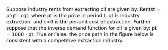 Suppose industry rents from extracting oil are given by: Rentst = ptqt - cqt, where pt is the price in period t, qt is industry extraction, and c>0 is the per-unit cost of extraction. Further suppose that the inverse demand function for oil is given by: pt = 1000 - qt. True or False: the price path in the figure below is consistent with a competitive extraction industry.