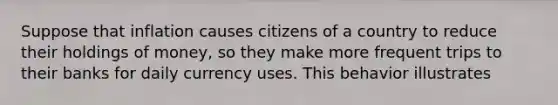 Suppose that inflation causes citizens of a country to reduce their holdings of money, so they make more frequent trips to their banks for daily currency uses. This behavior illustrates