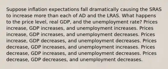 Suppose inflation expectations fall dramatically causing the SRAS to increase more than each of AD and the LRAS. What happens to the price level, real GDP, and the unemployment rate? Prices increase, GDP increases, and unemployment increases. Prices increase, GDP increases, and unemployment decreases. Prices increase, GDP decreases, and unemployment decreases. Prices decrease, GDP increases, and unemployment increases. Prices decrease, GDP increases, and unemployment decreases. Prices decrease, GDP decreases, and unemployment decreases.