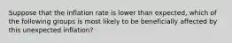 Suppose that the inflation rate is lower than​ expected, which of the following groups is most likely to be beneficially affected by this unexpected​ inflation?