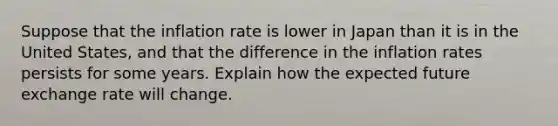 Suppose that the inflation rate is lower in Japan than it is in the United​ States, and that the difference in the inflation rates persists for some years. Explain how the expected future exchange rate will change.