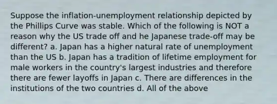 Suppose the inflation-unemployment relationship depicted by the Phillips Curve was stable. Which of the following is NOT a reason why the US trade off and he Japanese trade-off may be different? a. Japan has a higher natural rate of unemployment than the US b. Japan has a tradition of lifetime employment for male workers in the country's largest industries and therefore there are fewer layoffs in Japan c. There are differences in the institutions of the two countries d. All of the above