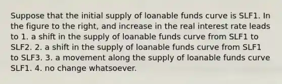 Suppose that the initial supply of loanable funds curve is SLF1. In the figure to the right, and increase in the real interest rate leads to 1. a shift in the supply of loanable funds curve from SLF1 to SLF2. 2. a shift in the supply of loanable funds curve from SLF1 to SLF3. 3. a movement along the supply of loanable funds curve SLF1. 4. no change whatsoever.