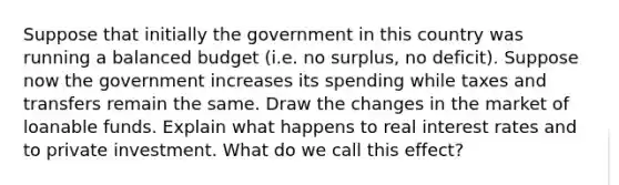 Suppose that initially the government in this country was running a balanced budget (i.e. no surplus, no deficit). Suppose now the government increases its spending while taxes and transfers remain the same. Draw the changes in the market of loanable funds. Explain what happens to real interest rates and to private investment. What do we call this effect?