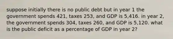 suppose initially there is no public debt but in year 1 the government spends 421, taxes 253, and GDP is 5,416. in year 2, the government spends 304, taxes 260, and GDP is 5,120. what is the public deficit as a percentage of GDP in year 2?