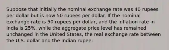 Suppose that initially the nominal exchange rate was 40 rupees per dollar but is now 50 rupees per dollar. If the nominal exchange rate is 50 rupees per dollar, and the inflation rate in India is 25%, while the aggregate price level has remained unchanged in the United States, the real exchange rate between the U.S. dollar and the Indian rupee: