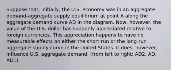 Suppose​ that, initially, the U.S. economy was in an aggregate​ demand-aggregate supply equilibrium at point A along the aggregate demand curve AD in the diagram.​ Now, however, the value of the U.S. dollar has suddenly appreciated relative to foreign currencies. This appreciation happens to have no measurable effects on either the​ short-run or the​ long-run aggregate supply curve in the United States. It​ does, however, influence U.S. aggregate demand. (from left to right: AD2, AD, AD1)