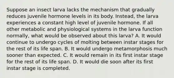 Suppose an insect larva lacks the mechanism that gradually reduces juvenile hormone levels in its body. Instead, the larva experiences a constant high level of juvenile hormone. If all other metabolic and physiological systems in the larva function normally, what would be observed about this larva? A. It would continue to undergo cycles of molting between instar stages for the rest of its life span. B. It would undergo metamorphosis much sooner than expected. C. It would remain in its first instar stage for the rest of its life span. D. It would die soon after its first instar stage is completed.