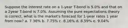 Suppose the interest rate on a 1-year T-bond is 5.0% and that on a 2year T-bond is 7.0%. Assuming the pure expectations theory is correct, what is the market's forecast for 1-year rates 1 year from now? a. 7.36% b. 7.75% c. 8.16% d. 8.59% e. 9.04%