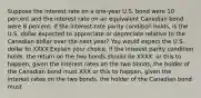 Suppose the interest rate on a one-year U.S. bond were 10 percent and the interest rate on an equivalent Canadian bond were 8 percent. If the interest-rate parity condition holds, is the U.S. dollar expected to appreciate or depreciate relative to the Canadian dollar over the next year? You would expect the U.S. dollar to XXXX Explain your choice. If the interest parity condition holds, the return on the two bonds should be XXXX. or this to happen, given the interest rates on the two bonds, the holder of the Canadian bond must XXX or this to happen, given the interest rates on the two bonds, the holder of the Canadian bond must