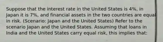 Suppose that the interest rate in the United States is 4%, in Japan it is 7%, and financial assets in the two countries are equal in risk. (Scenario: Japan and the United States) Refer to the scenario Japan and the United States. Assuming that loans in India and the United States carry equal risk, this implies that: