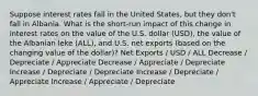 Suppose interest rates fall in the United States, but they don't fall in Albania. What is the short-run impact of this change in interest rates on the value of the U.S. dollar (USD), the value of the Albanian leke (ALL), and U.S. net exports (based on the changing value of the dollar)? Net Exports / USD / ALL Decrease / Depreciate / Appreciate Decrease / Appreciate / Depreciate Increase / Depreciate / Depreciate Increase / Depreciate / Appreciate Increase / Appreciate / Depreciate