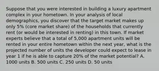 Suppose that you were interested in building a luxury apartment complex in your hometown. In your analysis of local demographics, you discover that the target market makes up only 5% (core market share) of the households that currently rent (or would be interested in renting) in this town. If market experts believe that a total of 5,000 apartment units will be rented in your entire hometown within the next year, what is the projected number of units the developer could expect to lease in year 1 if he is able to capture 20% of the market potential? A. 1000 units B. 500 units C. 250 units D. 50 units