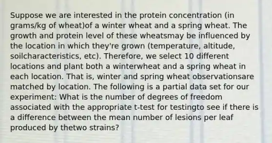 Suppose we are interested in the protein concentration (in grams/kg of wheat)of a winter wheat and a spring wheat. The growth and protein level of these wheatsmay be influenced by the location in which they're grown (temperature, altitude, soilcharacteristics, etc). Therefore, we select 10 different locations and plant both a winterwheat and a spring wheat in each location. That is, winter and spring wheat observationsare matched by location. The following is a partial data set for our experiment: What is the number of degrees of freedom associated with the appropriate t-test for testingto see if there is a difference between the mean number of lesions per leaf produced by thetwo strains?