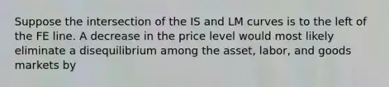 Suppose the intersection of the IS and LM curves is to the left of the FE line. A decrease in the price level would most likely eliminate a disequilibrium among the asset, labor, and goods markets by