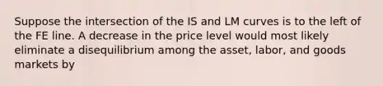 Suppose the intersection of the IS and LM curves is to the left of the FE line. A decrease in the price level would most likely eliminate a disequilibrium among the​ asset, labor, and goods markets by