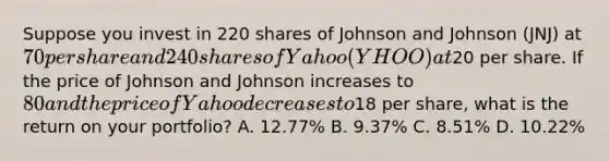 Suppose you invest in 220 shares of Johnson and Johnson (JNJ) at 70 per share and 240 shares of Yahoo (YHOO) at20 per share. If the price of Johnson and Johnson increases to 80 and the price of Yahoo decreases to18 per share, what is the return on your portfolio? A. 12.77% B. 9.37% C. 8.51% D. 10.22%