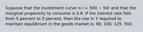 Suppose that the investment curve is I = 500 − 50r and that the marginal propensity to consume is 0.8. If the interest rate falls from 5 percent to 3 percent, then the rise in Y required to maintain equilibrium in the goods market is: 80. 100. 125. 500.