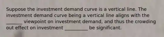 Suppose the investment demand curve is a <a href='https://www.questionai.com/knowledge/k6j3Z69xQg-vertical-line' class='anchor-knowledge'>vertical line</a>. The investment demand curve being a vertical line aligns with the _______ viewpoint on investment demand, and thus the crowding out effect on investment __________ be significant.