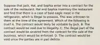 Suppose that Jack, Hal, and Sophia enter into a contract for the sale of the restaurant. Hal and Sophia inventory the restaurant and find that there is a case of bald eagle meat in the refrigerator, which is illegal to possess. This was unknown to them at the time of the agreement. Which of the following is true? A. The contract would likely be voidable by Jack. B. The contract would be void due to illegality. C. The illegal part of the contract would be severed from the contract for the sale of the business, which would be enforced. D. The contract would be void since the parties are in pari delicto.