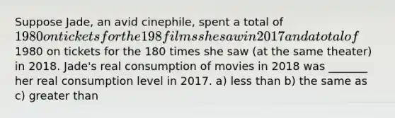 Suppose Jade, an avid cinephile, spent a total of 1980 on tickets for the 198 films she saw in 2017 and a total of1980 on tickets for the 180 times she saw (at the same theater) in 2018. Jade's real consumption of movies in 2018 was _______ her real consumption level in 2017. a) <a href='https://www.questionai.com/knowledge/k7BtlYpAMX-less-than' class='anchor-knowledge'>less than</a> b) the same as c) <a href='https://www.questionai.com/knowledge/ktgHnBD4o3-greater-than' class='anchor-knowledge'>greater than</a>