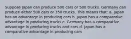 Suppose Japan can produce 500 cars or 500 trucks. Germany can produce either 500 cars or 350 trucks. This means that: a. Japan has an advantage in producing cars b. Japan has a comparative advantage in producing trucks c. Germany has a comparative advantage in producing trucks and cars d. Japan has a comparative advantage in producing cars