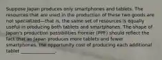 Suppose Japan produces only smartphones and tablets. The resources that are used in the production of these two goods are not specialized—that is, the same set of resources is equally useful in producing both tablets and smartphones. The shape of Japan's production possibilities frontier (PPF) should reflect the fact that as Japan produces more tablets and fewer smartphones, the opportunity cost of producing each additional tablet _______________.