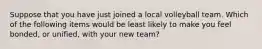 Suppose that you have just joined a local volleyball team. Which of the following items would be least likely to make you feel bonded, or unified, with your new team?