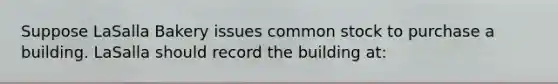 Suppose LaSalla Bakery issues common stock to purchase a building. LaSalla should record the building at: