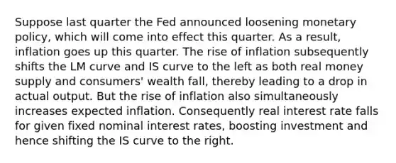 Suppose last quarter the Fed announced loosening monetary policy, which will come into effect this quarter. As a result, inflation goes up this quarter. The rise of inflation subsequently shifts the LM curve and IS curve to the left as both real money supply and consumers' wealth fall, thereby leading to a drop in actual output. But the rise of inflation also simultaneously increases expected inflation. Consequently real interest rate falls for given fixed nominal interest rates, boosting investment and hence shifting the IS curve to the right.