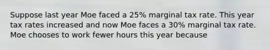 Suppose last year Moe faced a 25% marginal tax rate. This year tax rates increased and now Moe faces a 30% marginal tax rate. Moe chooses to work fewer hours this year because