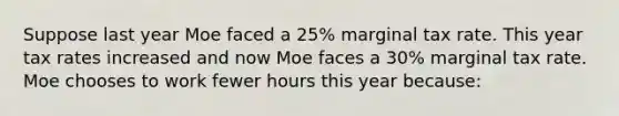 Suppose last year Moe faced a 25% marginal tax rate. This year tax rates increased and now Moe faces a 30% marginal tax rate. Moe chooses to work fewer hours this year because: