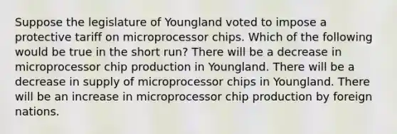 Suppose the legislature of Youngland voted to impose a protective tariff on microprocessor chips. Which of the following would be true in the short run? There will be a decrease in microprocessor chip production in Youngland. There will be a decrease in supply of microprocessor chips in Youngland. There will be an increase in microprocessor chip production by foreign nations.