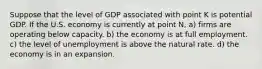 Suppose that the level of GDP associated with point K is potential GDP. If the U.S. economy is currently at point N, a) firms are operating below capacity. b) the economy is at full employment. c) the level of unemployment is above the natural rate. d) the economy is in an expansion.