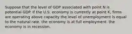 Suppose that the level of GDP associated with point N is potential GDP. If the U.S. economy is currently at point K, firms are operating above capacity the level of unemployment is equal to the natural rate. the economy is at full employment. the economy is in recession.