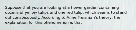 Suppose that you are looking at a flower garden containing dozens of yellow tulips and one red tulip, which seems to stand out conspicuously. According to Anne Treisman's theory, the explanation for this phenomenon is that