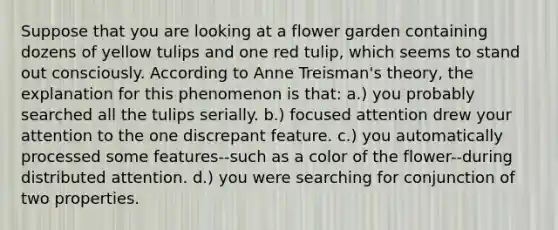 Suppose that you are looking at a flower garden containing dozens of yellow tulips and one red tulip, which seems to stand out consciously. According to Anne Treisman's theory, the explanation for this phenomenon is that: a.) you probably searched all the tulips serially. b.) focused attention drew your attention to the one discrepant feature. c.) you automatically processed some features--such as a color of the flower--during distributed attention. d.) you were searching for conjunction of two properties.