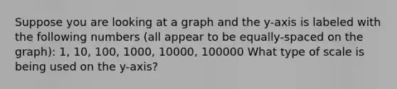 Suppose you are looking at a graph and the y-axis is labeled with the following numbers (all appear to be equally-spaced on the graph): 1, 10, 100, 1000, 10000, 100000 What type of scale is being used on the y-axis?