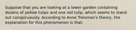 Suppose that you are looking at a lower garden containing dozens of yellow tulips and one red tulip, which seems to stand out conspicuously. According to Anne Treisman's theory, the explanation for this phenomenon is that: