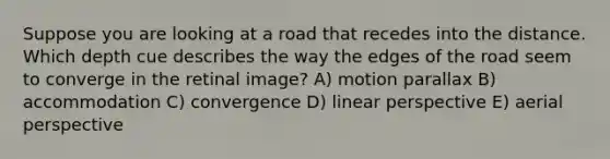 Suppose you are looking at a road that recedes into the distance. Which depth cue describes the way the edges of the road seem to converge in the retinal image? A) motion parallax B) accommodation C) convergence D) linear perspective E) aerial perspective