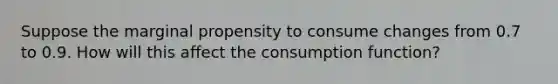 Suppose the marginal propensity to consume changes from 0.7 to 0.9. How will this affect the consumption function?