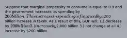 Suppose that marginal propensity to consume is equal to 0.9 and the government increases its spending by 200 billion. This increase in spending is financed by a200 billion increase in taxes. As a result of this, GDP will: 1.) decrease by 200 billion 2.) increase by2,000 billion 3.) not change at all 4.) increase by 200 billion